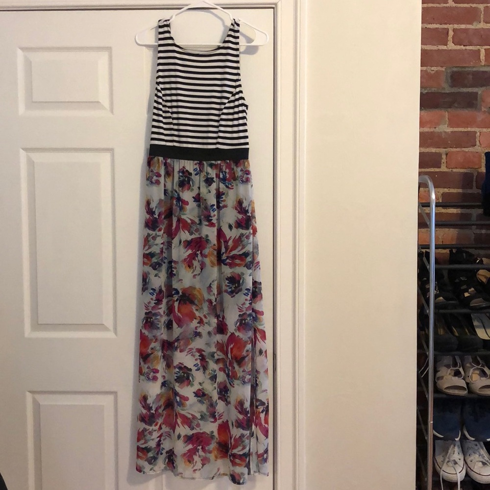 Floral and black/white striped maxi dress